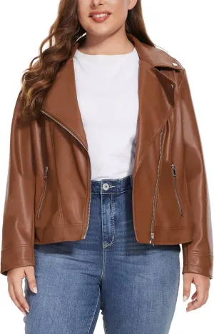 Fahsyee Women's Faux Leather Jackets, Zip Up Motorcycle Short PU Moto Biker Outwear Fitted Plus Size Coat