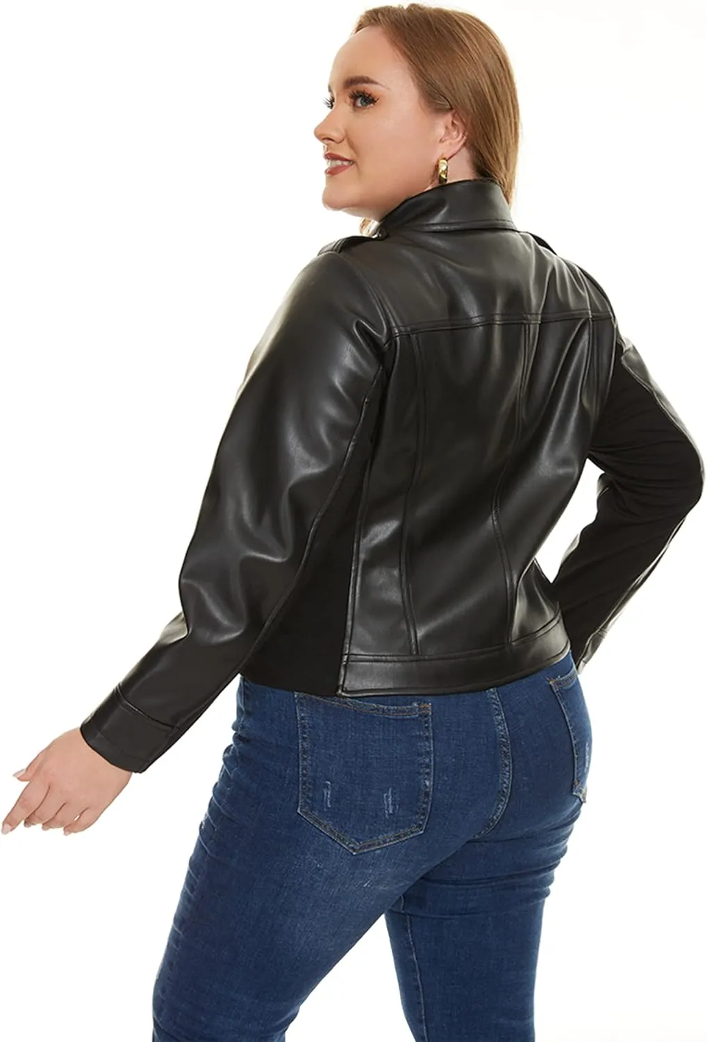 Fahsyee Women's Faux Leather Jackets, Zip Up Motorcycle Short PU Moto Biker Outwear Fitted Plus Size Coat