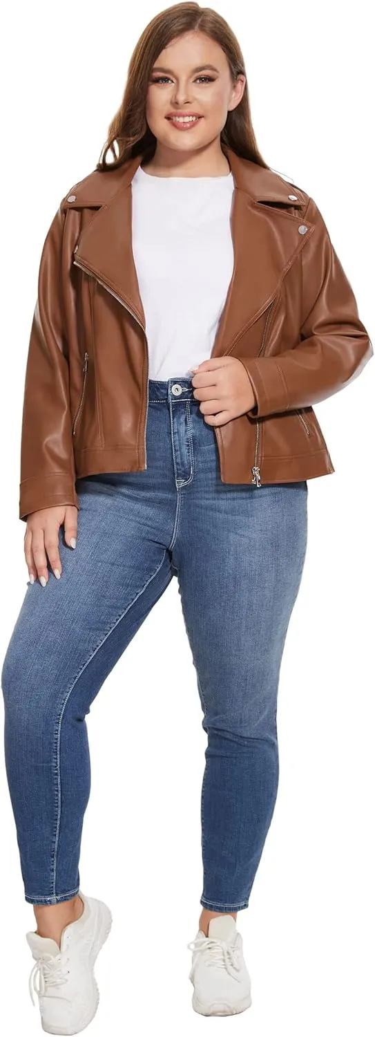 Fahsyee Women's Faux Leather Jackets, Zip Up Motorcycle Short PU Moto Biker Outwear Fitted Plus Size Coat