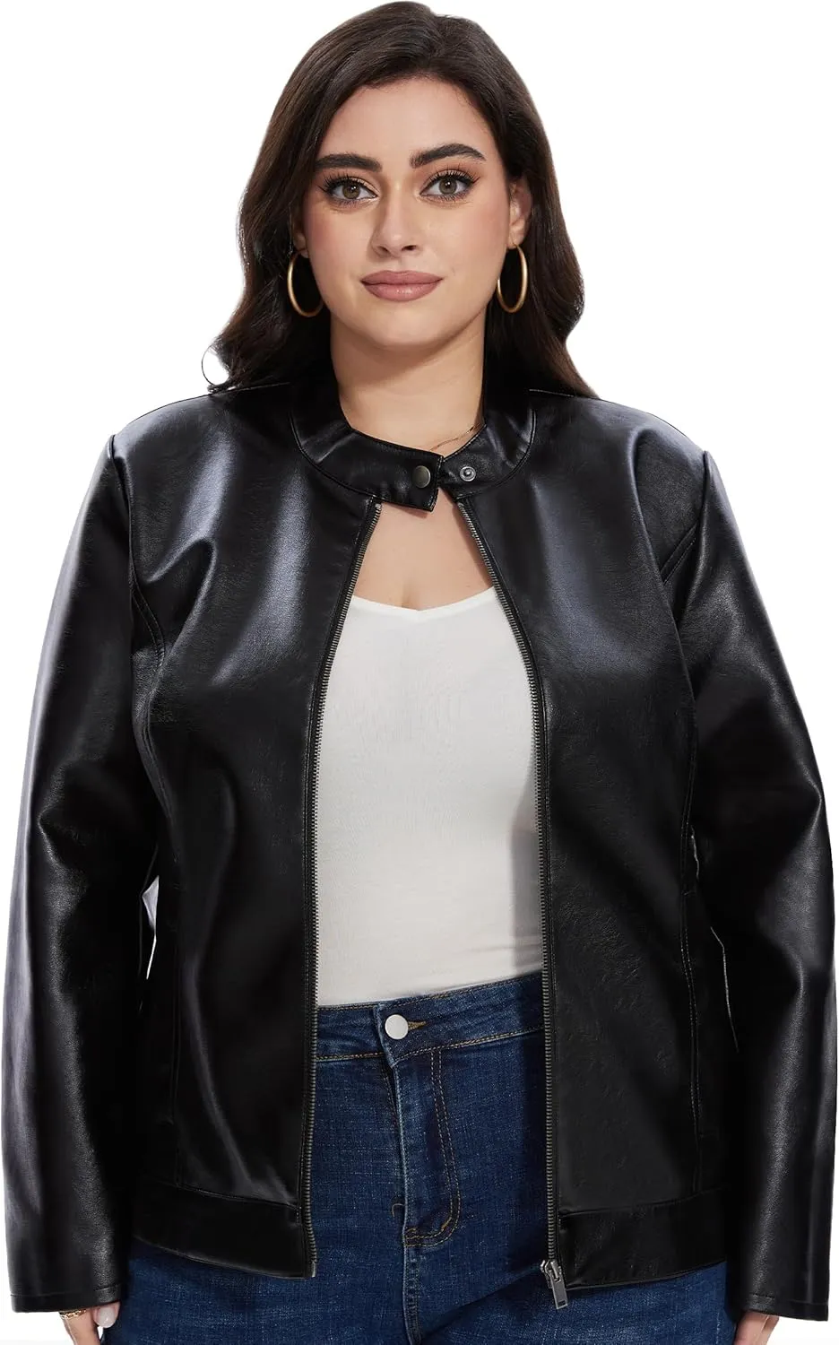 Fahsyee Women's Faux Leather Jackets, Zip Up Motorcycle Short PU Moto Biker Outwear Fitted Plus Size Coat