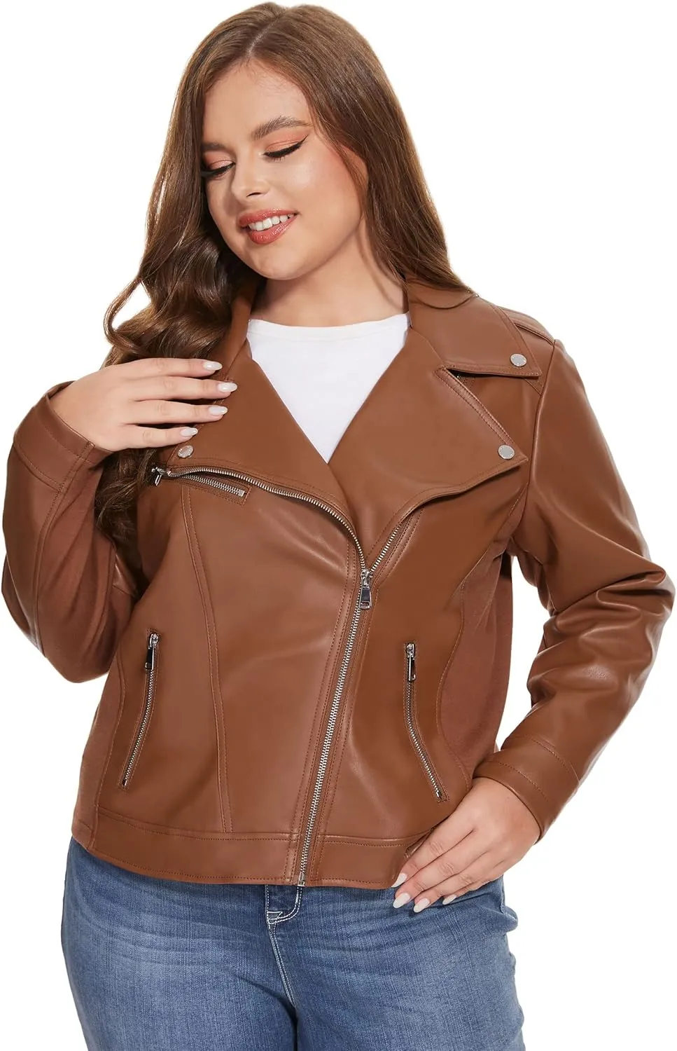 Fahsyee Women's Faux Leather Jackets, Zip Up Motorcycle Short PU Moto Biker Outwear Fitted Plus Size Coat