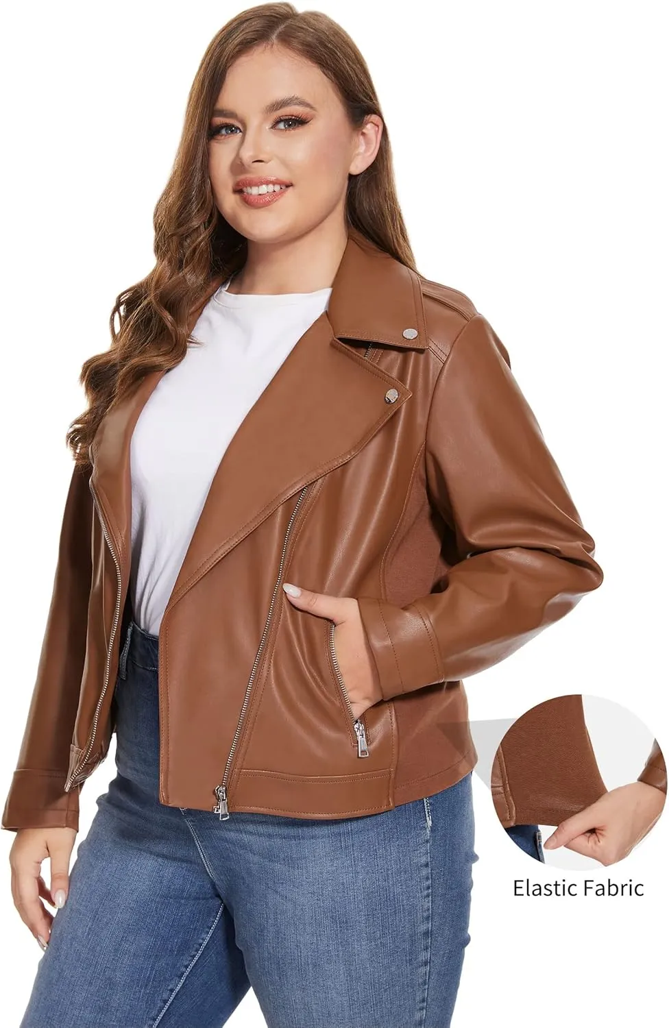 Fahsyee Women's Faux Leather Jackets, Zip Up Motorcycle Short PU Moto Biker Outwear Fitted Plus Size Coat