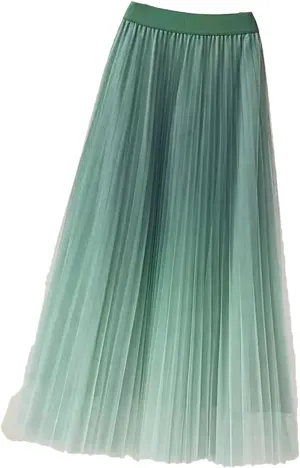 Fashion Gradient Pleated Mesh Skirt Women Elastic High Waist Casual A-Line Party Midi Long Skirt