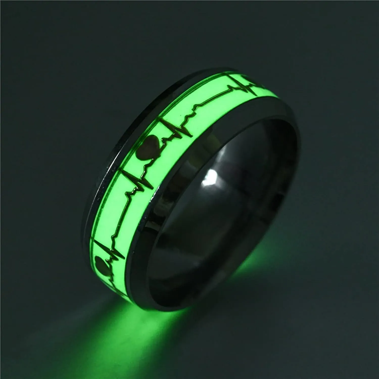 Fashion Luminous Ring Glow in the Dark Stainless Steel Ring Promise Heartbeat Ring Jewelry for Men Women Birthday