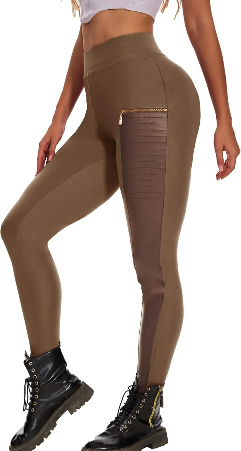 Faux Leather Leggings for Women Pleather Pant Elastic Mid Waisted Stretchy Patch Zip Tights