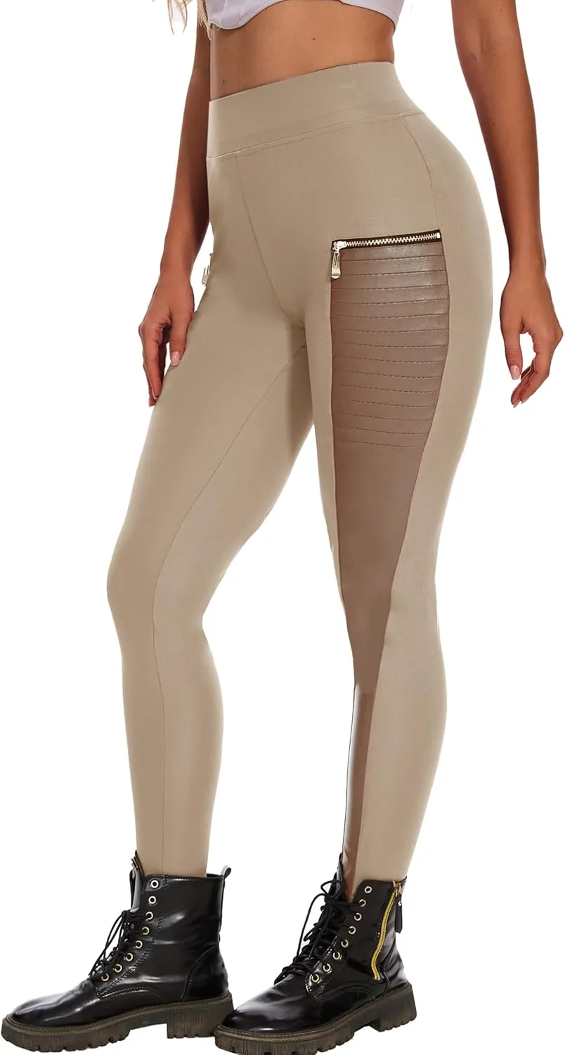 Faux Leather Leggings for Women Pleather Pant Elastic Mid Waisted Stretchy Patch Zip Tights