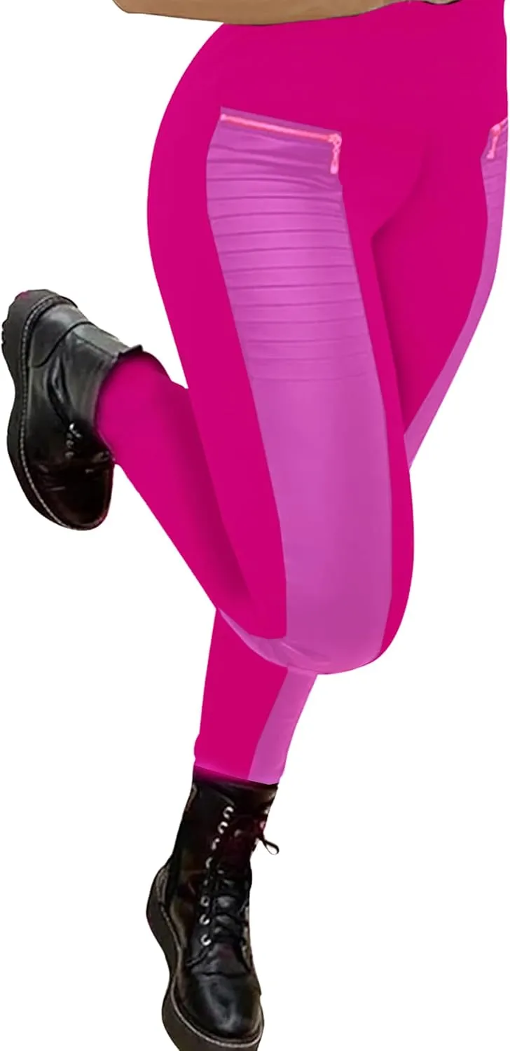 Faux Leather Leggings for Women Pleather Pant Elastic Mid Waisted Stretchy Patch Zip Tights