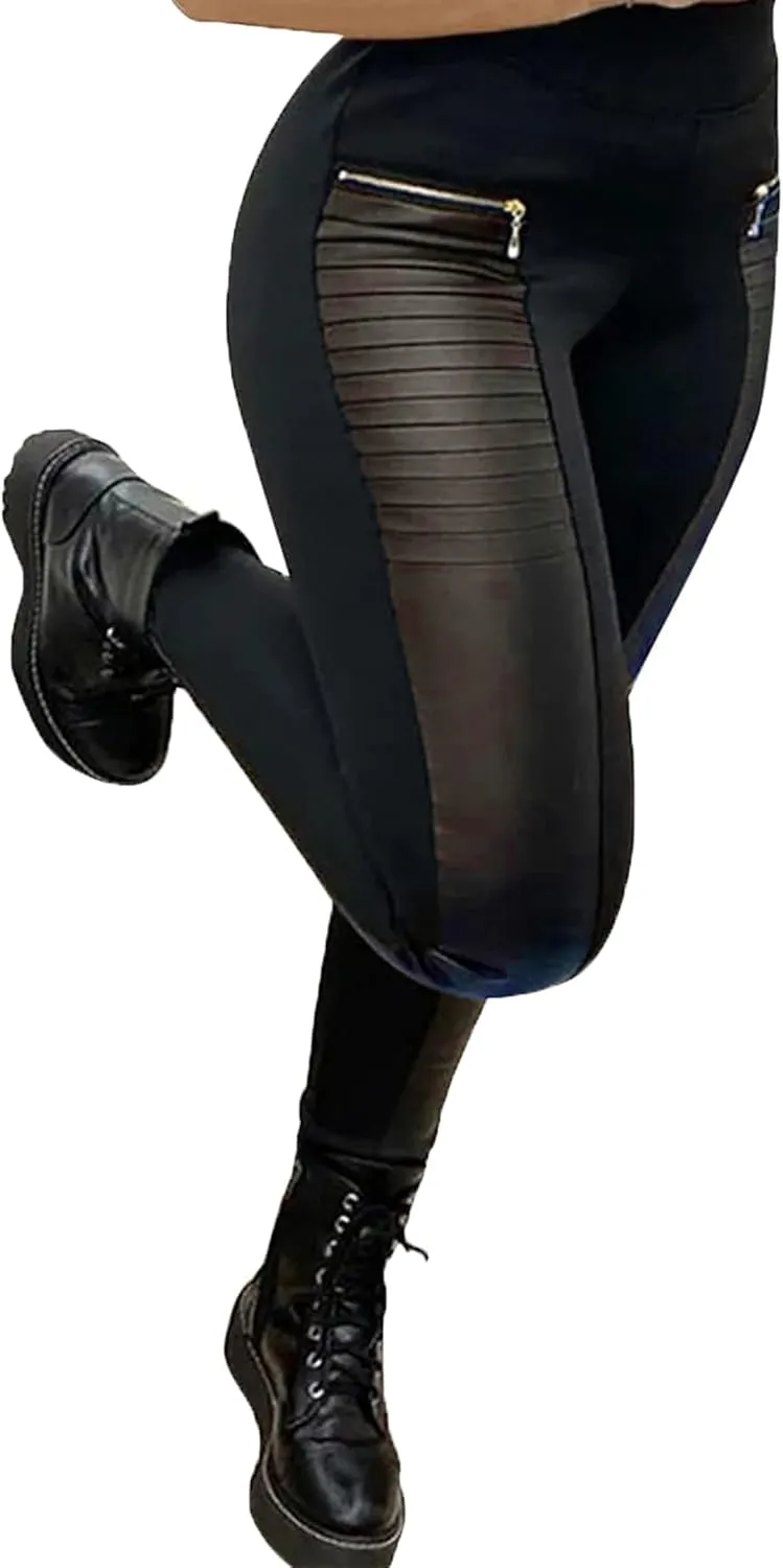 Faux Leather Leggings for Women Pleather Pant Elastic Mid Waisted Stretchy Patch Zip Tights