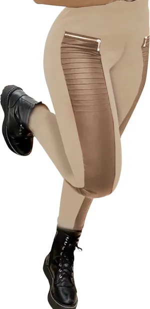 Faux Leather Leggings for Women Pleather Pant Elastic Mid Waisted Stretchy Patch Zip Tights