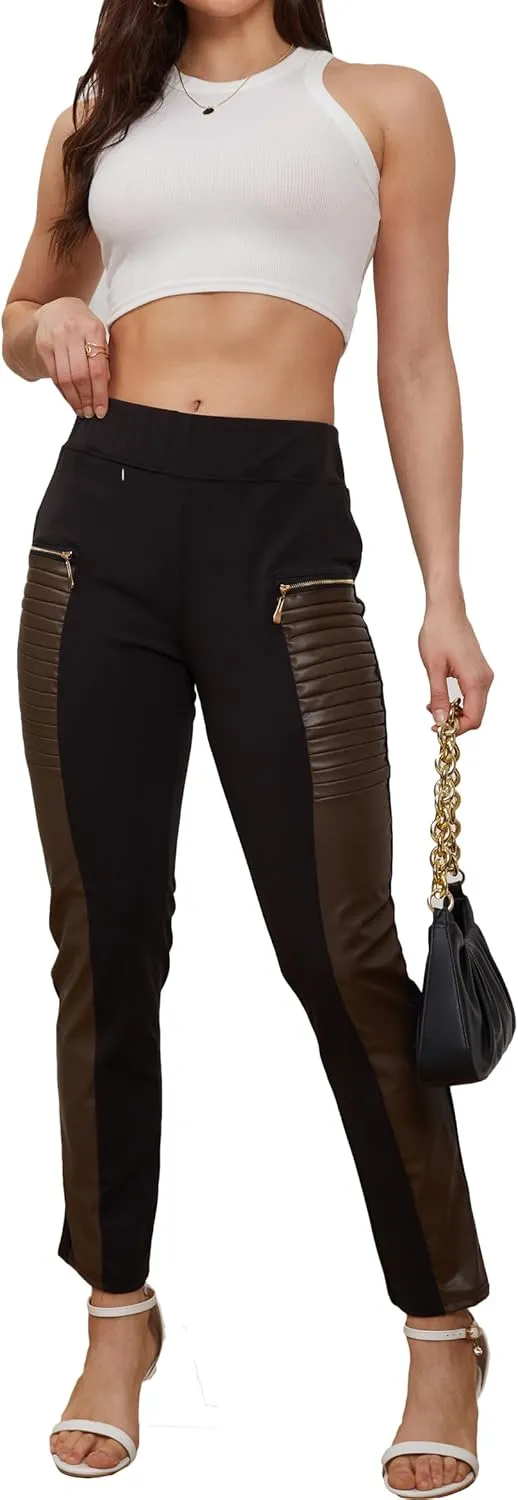 Faux Leather Leggings for Women Pleather Pant Elastic Mid Waisted Stretchy Patch Zip Tights