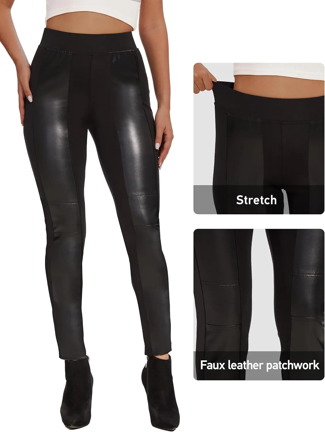 Faux Leather Leggings for Women Pleather Pant Elastic Mid Waisted Stretchy Patch Zip Tights