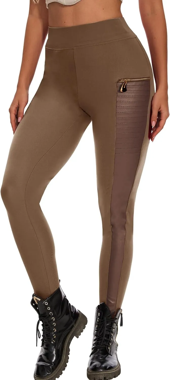 Faux Leather Leggings for Women Pleather Pant Elastic Mid Waisted Stretchy Patch Zip Tights