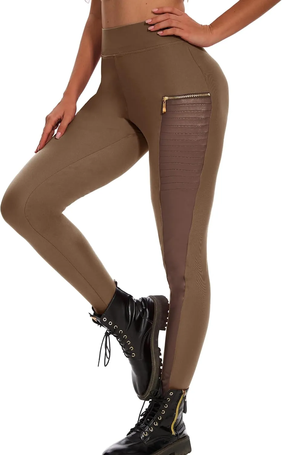 Faux Leather Leggings for Women Pleather Pant Elastic Mid Waisted Stretchy Patch Zip Tights