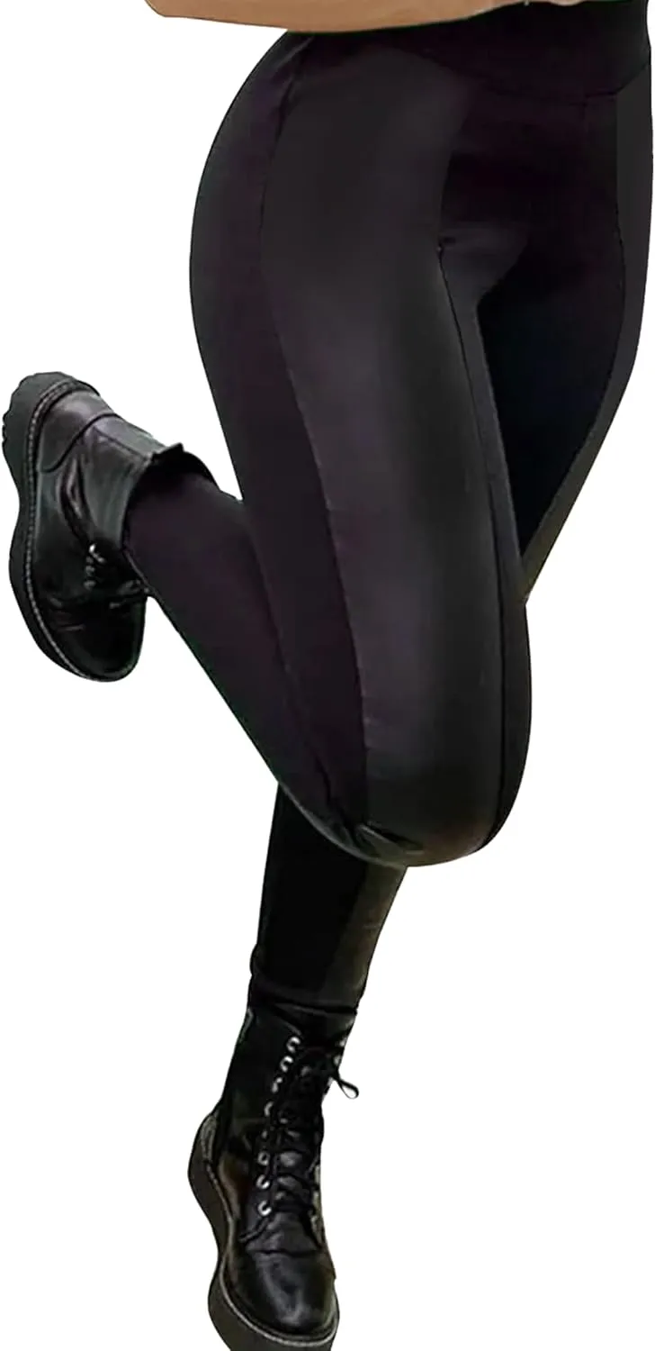 Faux Leather Leggings for Women Pleather Pant Elastic Mid Waisted Stretchy Patch Zip Tights