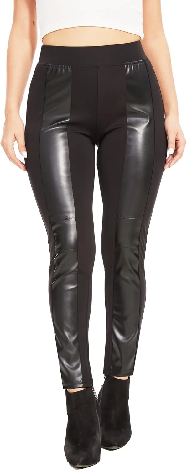 Faux Leather Leggings for Women Pleather Pant Elastic Mid Waisted Stretchy Patch Zip Tights