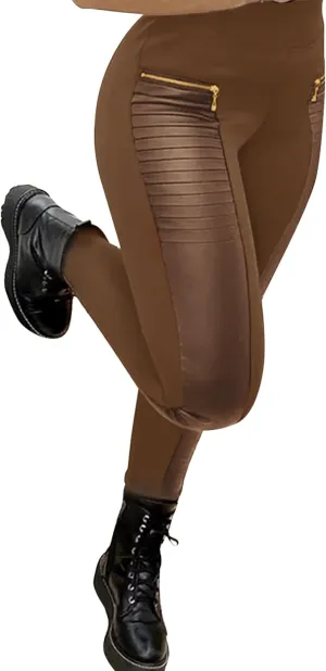Faux Leather Leggings for Women Pleather Pant Elastic Mid Waisted Stretchy Patch Zip Tights