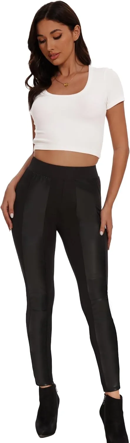 Faux Leather Leggings for Women Pleather Pant Elastic Mid Waisted Stretchy Patch Zip Tights