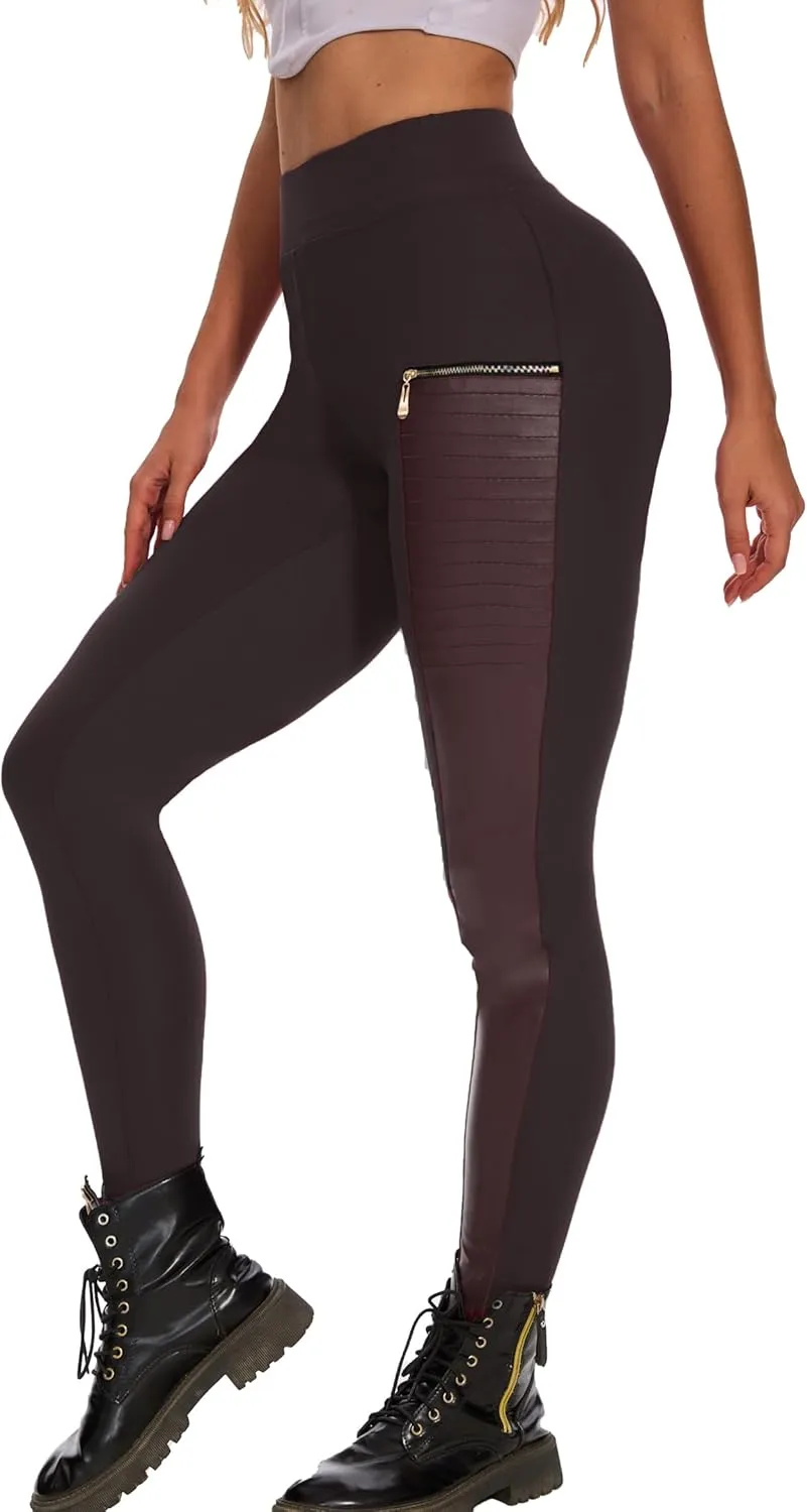 Faux Leather Leggings for Women Pleather Pant Elastic Mid Waisted Stretchy Patch Zip Tights