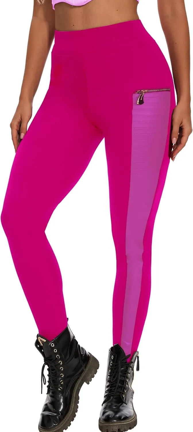 Faux Leather Leggings for Women Pleather Pant Elastic Mid Waisted Stretchy Patch Zip Tights