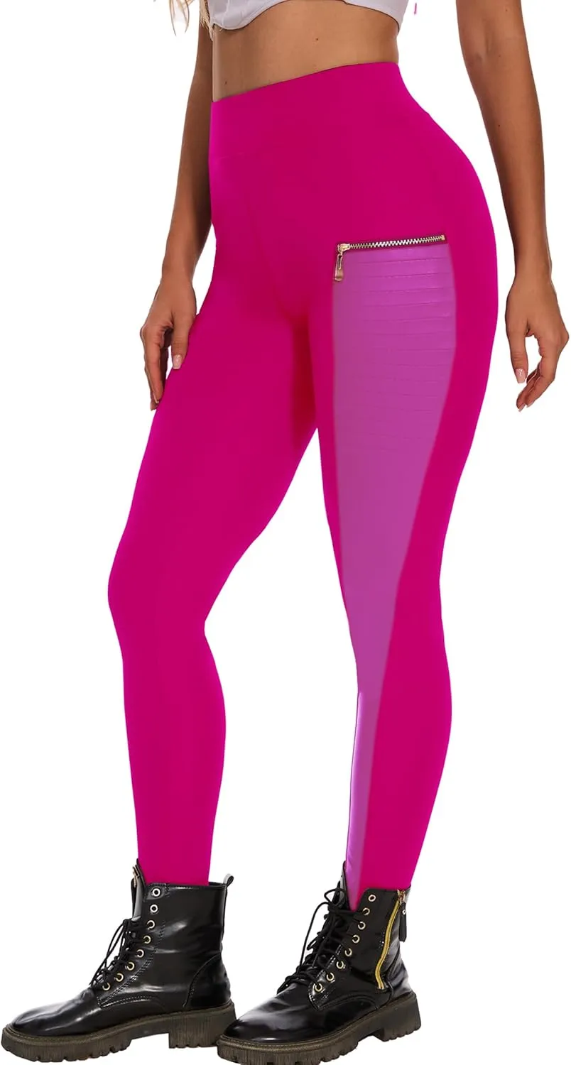 Faux Leather Leggings for Women Pleather Pant Elastic Mid Waisted Stretchy Patch Zip Tights