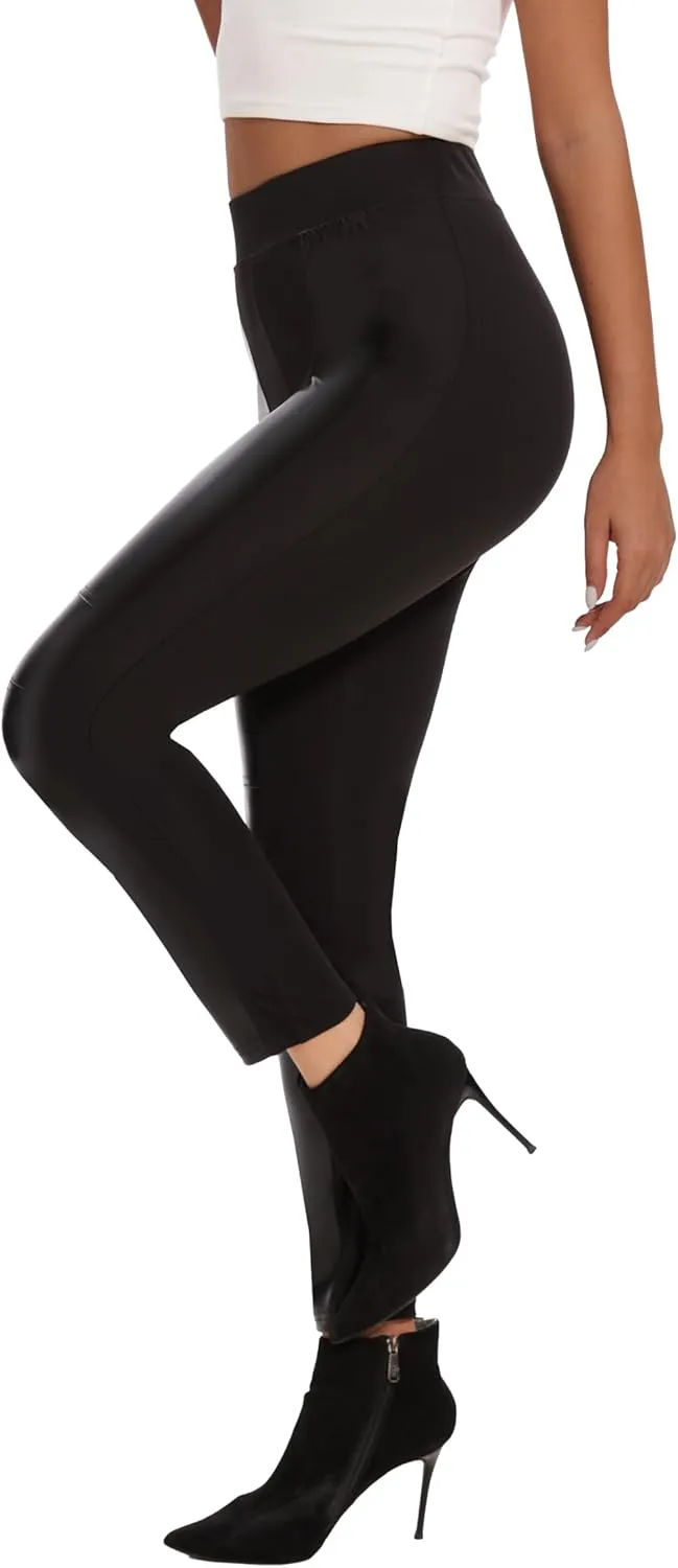 Faux Leather Leggings for Women Pleather Pant Elastic Mid Waisted Stretchy Patch Zip Tights