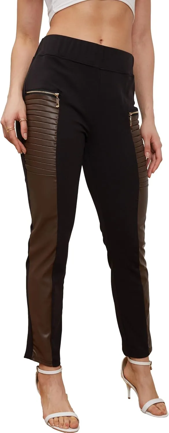 Faux Leather Leggings for Women Pleather Pant Elastic Mid Waisted Stretchy Patch Zip Tights