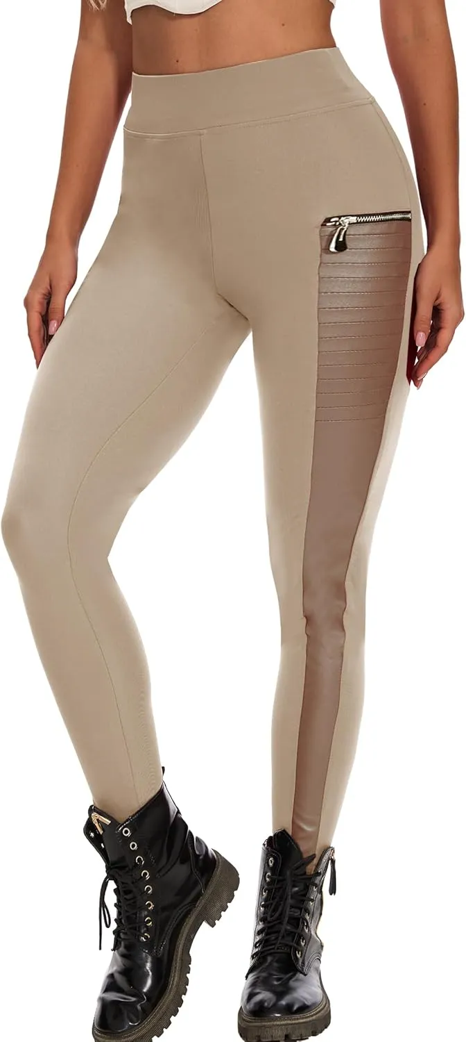 Faux Leather Leggings for Women Pleather Pant Elastic Mid Waisted Stretchy Patch Zip Tights