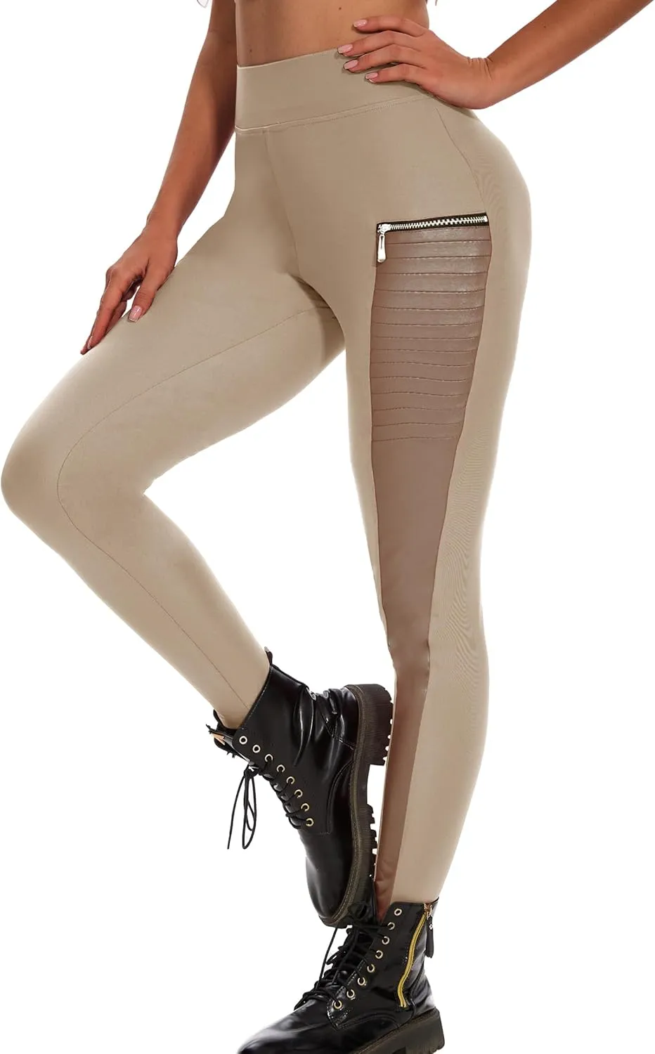 Faux Leather Leggings for Women Pleather Pant Elastic Mid Waisted Stretchy Patch Zip Tights