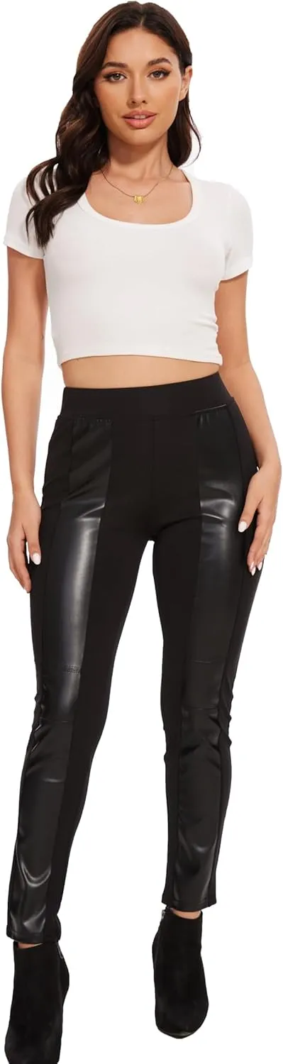 Faux Leather Leggings for Women Pleather Pant Elastic Mid Waisted Stretchy Patch Zip Tights