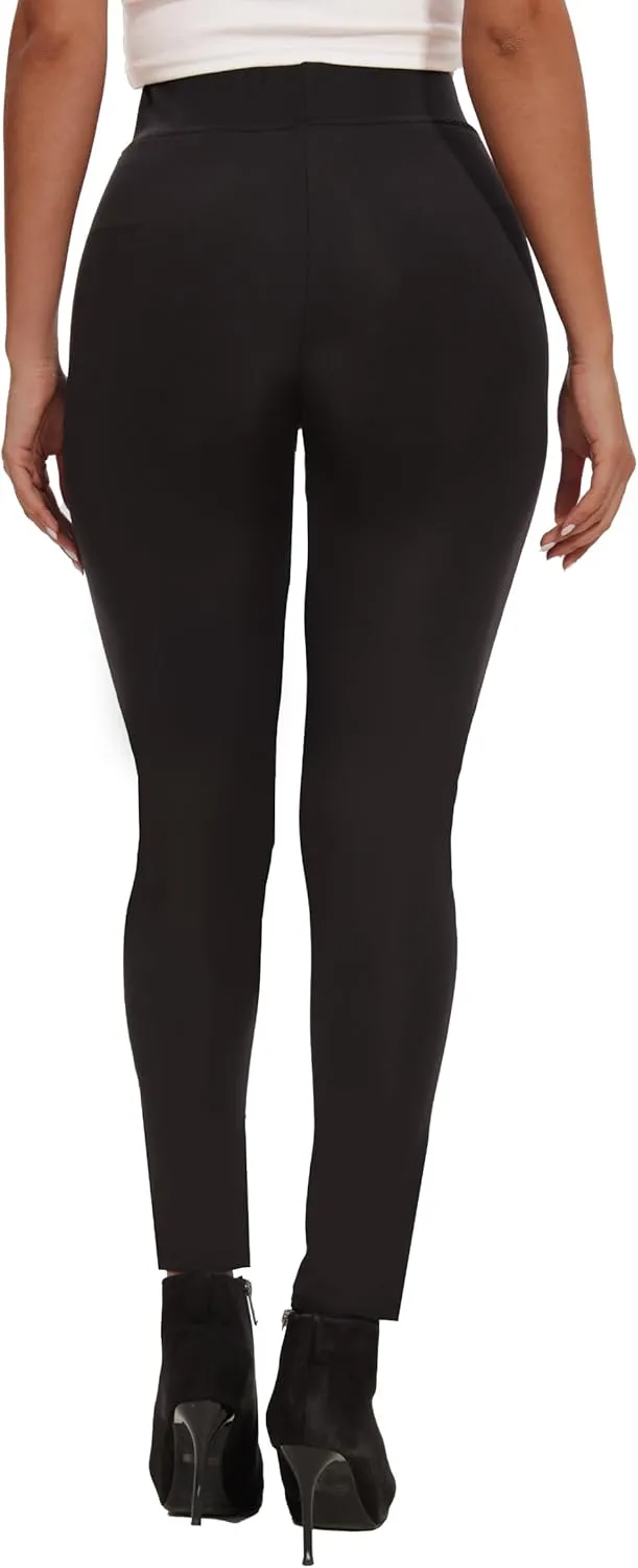 Faux Leather Leggings for Women Pleather Pant Elastic Mid Waisted Stretchy Patch Zip Tights