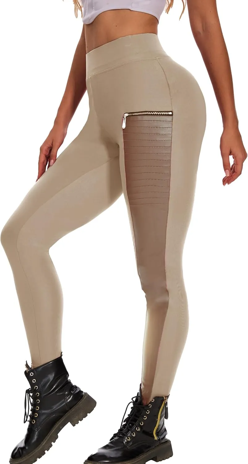 Faux Leather Leggings for Women Pleather Pant Elastic Mid Waisted Stretchy Patch Zip Tights