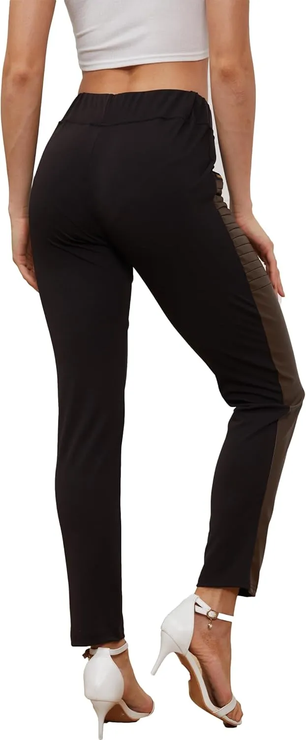 Faux Leather Leggings for Women Pleather Pant Elastic Mid Waisted Stretchy Patch Zip Tights