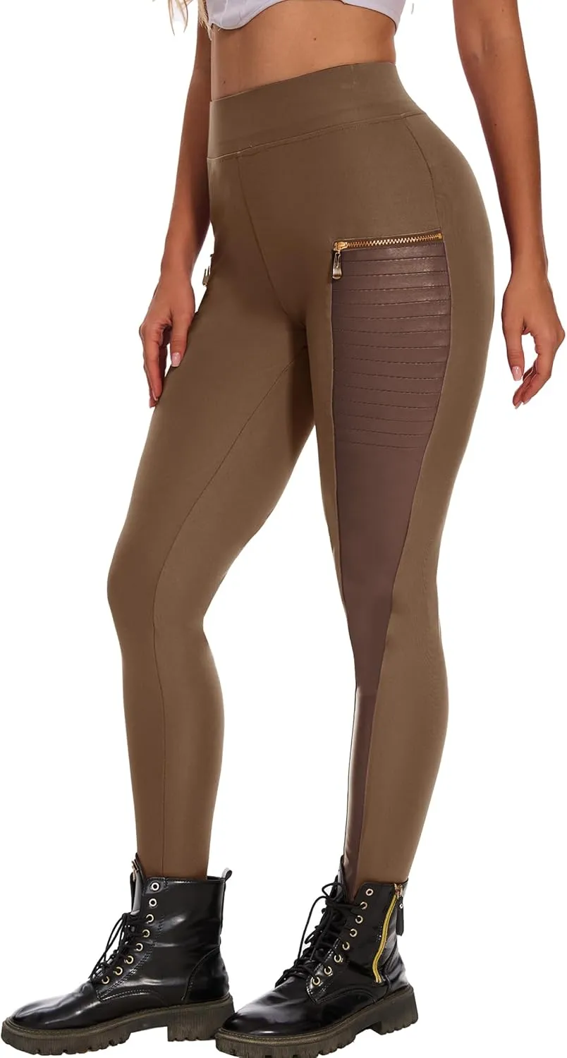 Faux Leather Leggings for Women Pleather Pant Elastic Mid Waisted Stretchy Patch Zip Tights