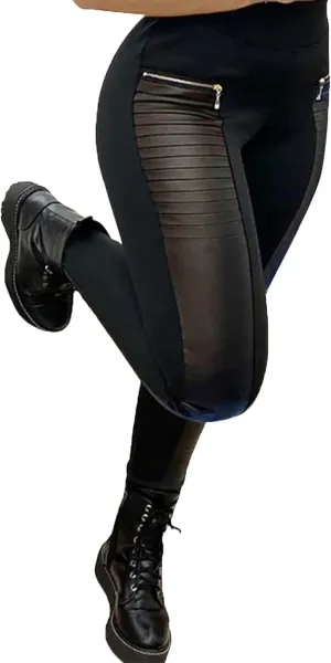 Faux Leather Leggings for Women Pleather Pant Elastic Mid Waisted Stretchy Patch Zip Tights