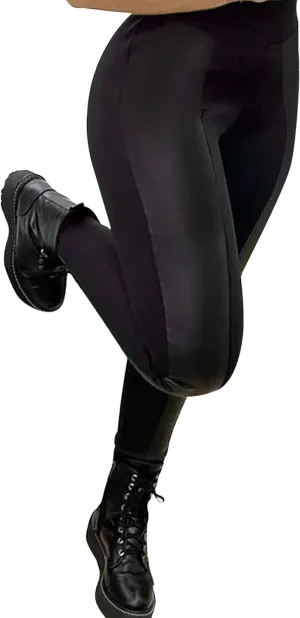 Faux Leather Leggings for Women Pleather Pant Elastic Mid Waisted Stretchy Patch Zip Tights