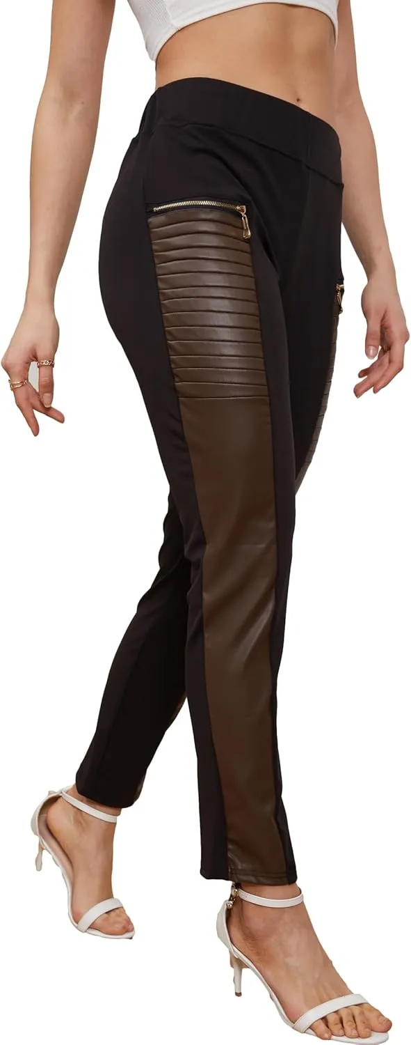 Faux Leather Leggings for Women Pleather Pant Elastic Mid Waisted Stretchy Patch Zip Tights