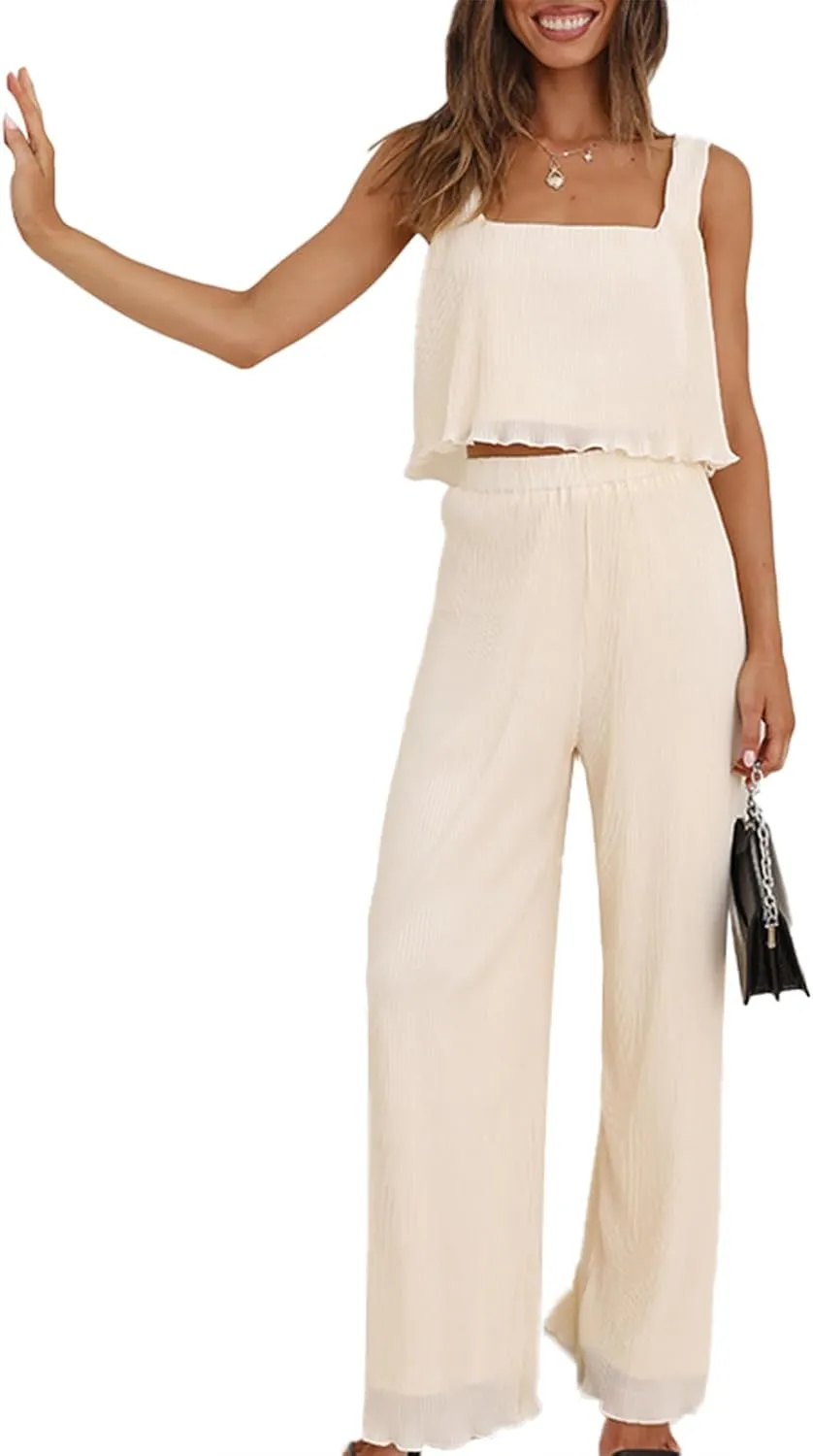 FEORJGP Womens Summer Two Piece Linen Pants Set Outfit 2 Piece Tank Tops with High Waist Trousers 2Pcs Clothes Set Loungewear