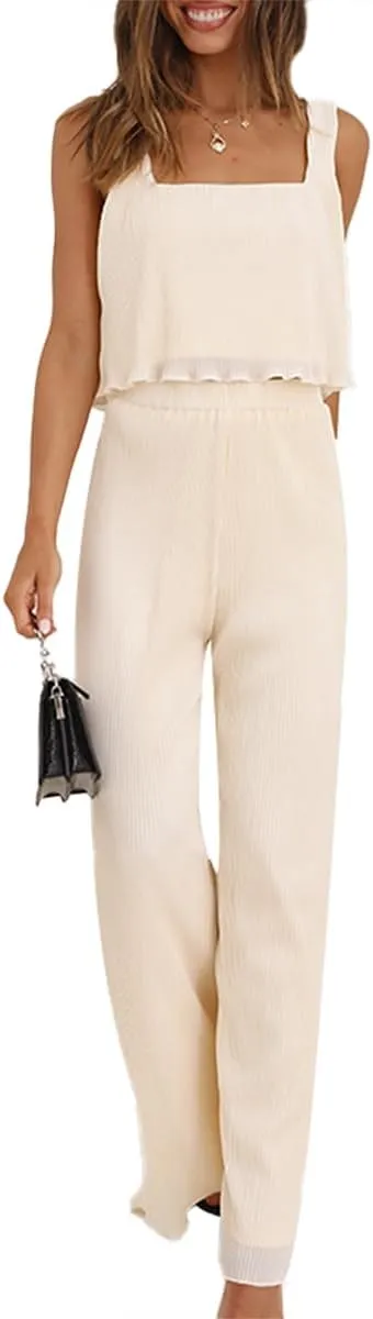 FEORJGP Womens Summer Two Piece Linen Pants Set Outfit 2 Piece Tank Tops with High Waist Trousers 2Pcs Clothes Set Loungewear