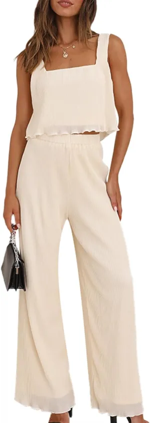 FEORJGP Womens Summer Two Piece Linen Pants Set Outfit 2 Piece Tank Tops with High Waist Trousers 2Pcs Clothes Set Loungewear