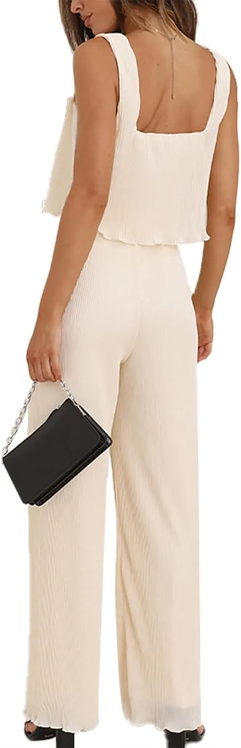 FEORJGP Womens Summer Two Piece Linen Pants Set Outfit 2 Piece Tank Tops with High Waist Trousers 2Pcs Clothes Set Loungewear