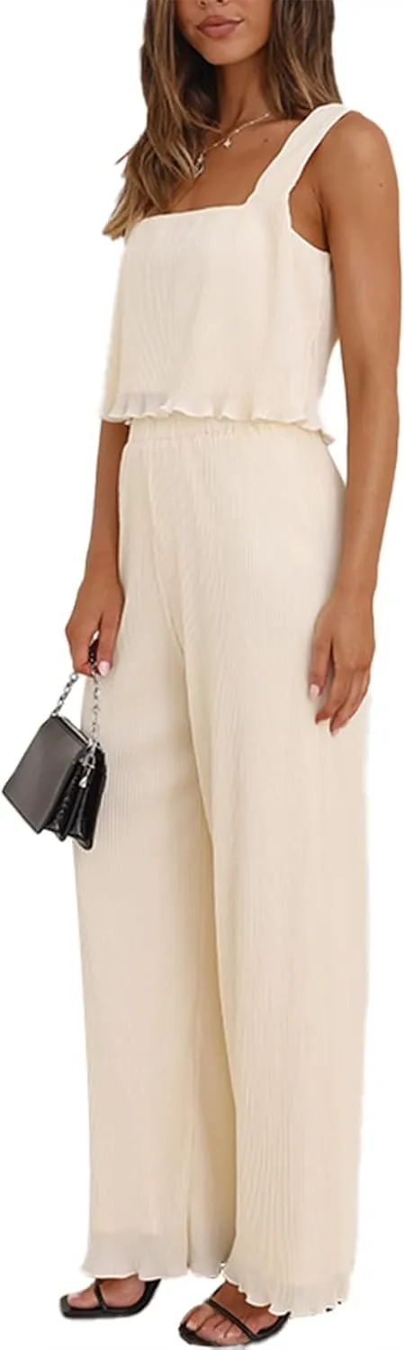 FEORJGP Womens Summer Two Piece Linen Pants Set Outfit 2 Piece Tank Tops with High Waist Trousers 2Pcs Clothes Set Loungewear