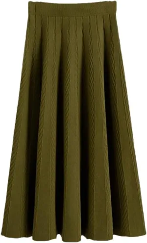 Fjnbbiot Women A Line Knitted Sweater Skirts Elastic High Waist Woman Midi Maxi Skirts Autumn Winter Female Pleated Skirts