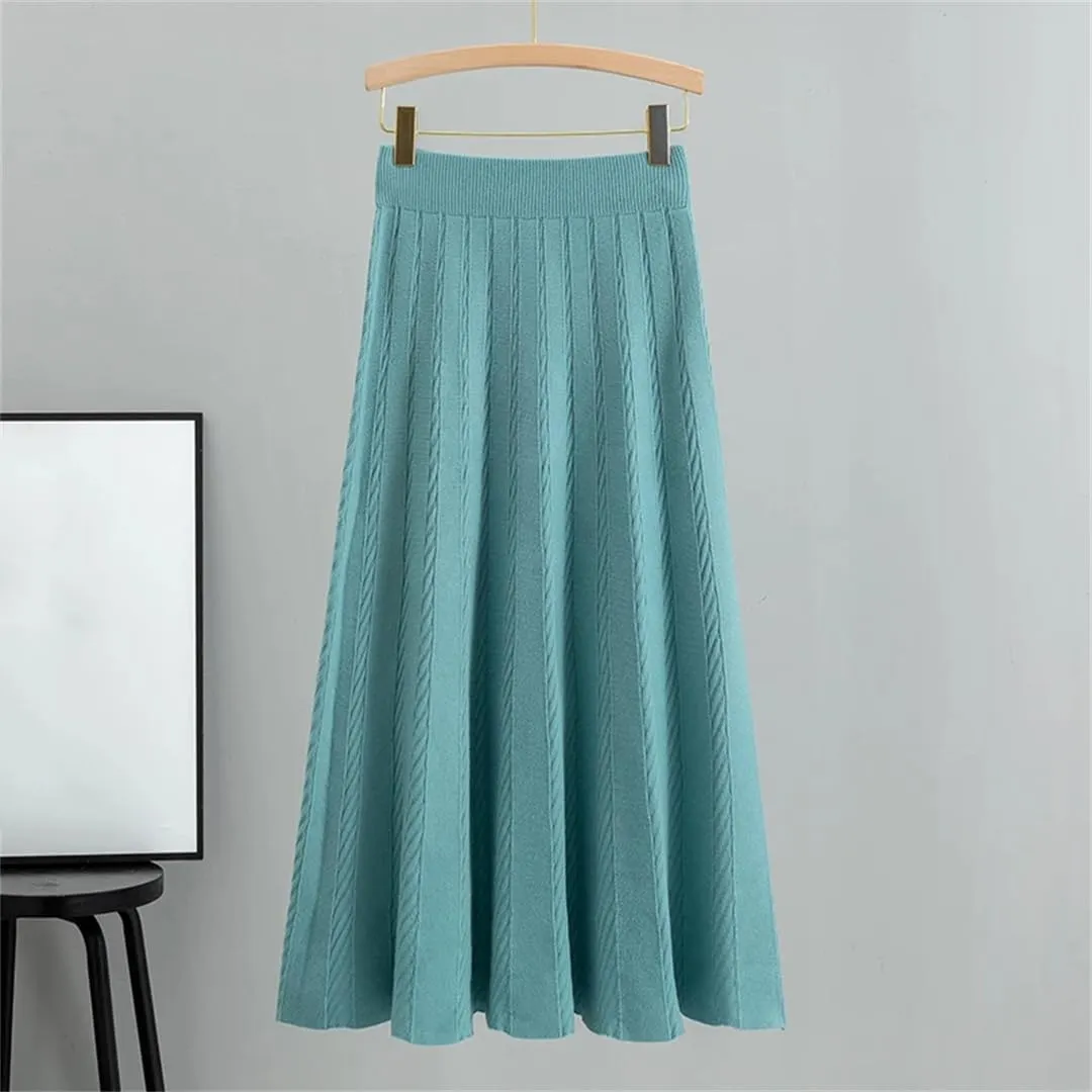 Fjnbbiot Women A Line Knitted Sweater Skirts Elastic High Waist Woman Midi Maxi Skirts Autumn Winter Female Pleated Skirts