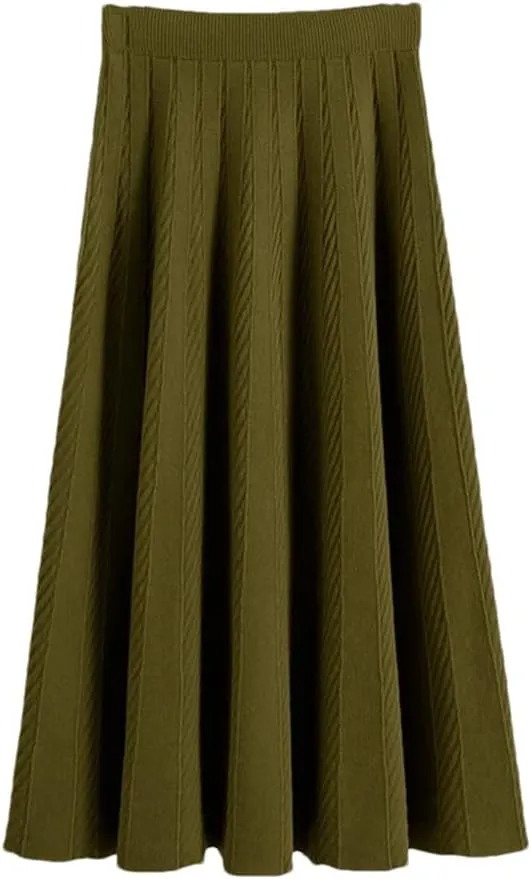 Fjnbbiot Women A Line Knitted Sweater Skirts Elastic High Waist Woman Midi Maxi Skirts Autumn Winter Female Pleated Skirts