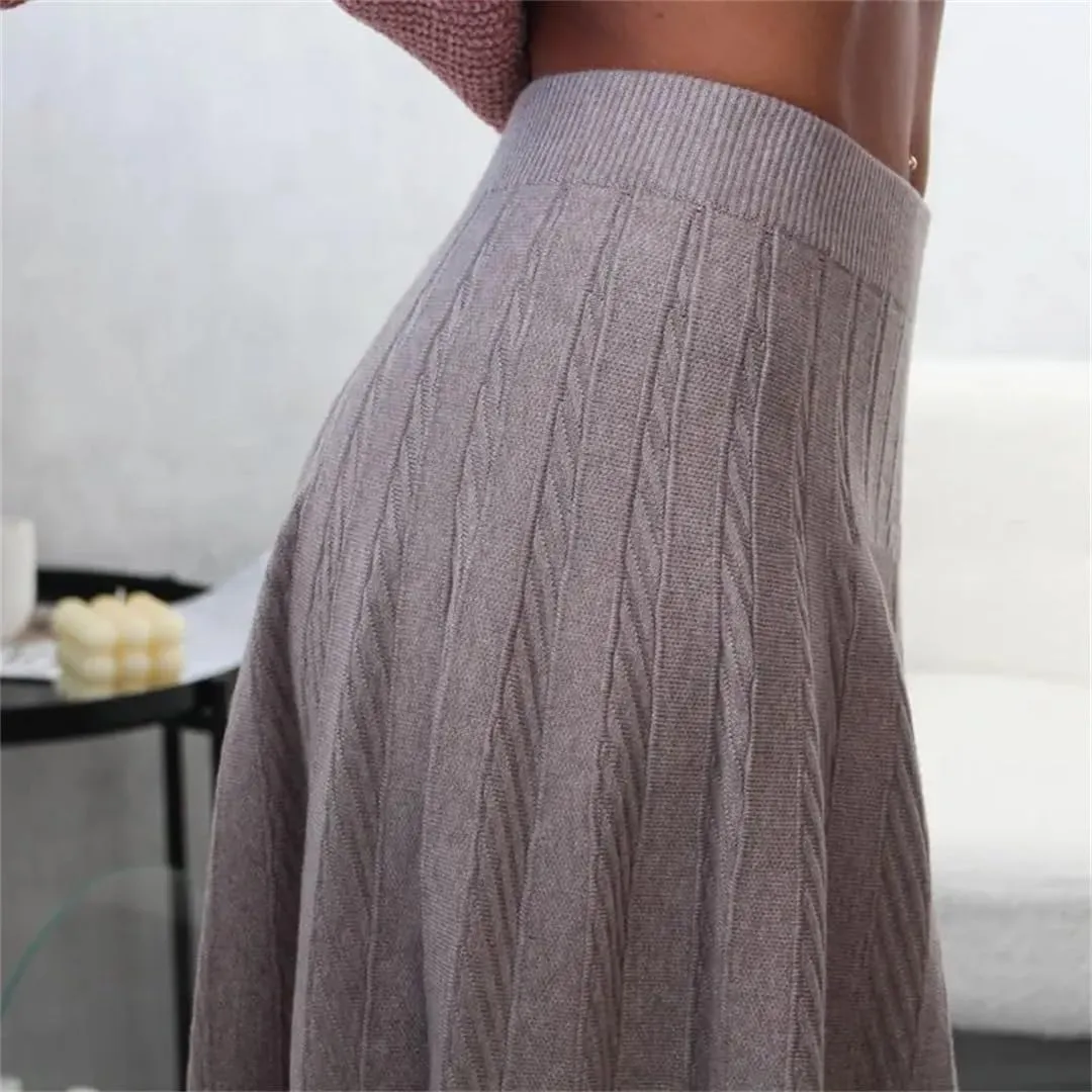 Fjnbbiot Women A Line Knitted Sweater Skirts Elastic High Waist Woman Midi Maxi Skirts Autumn Winter Female Pleated Skirts