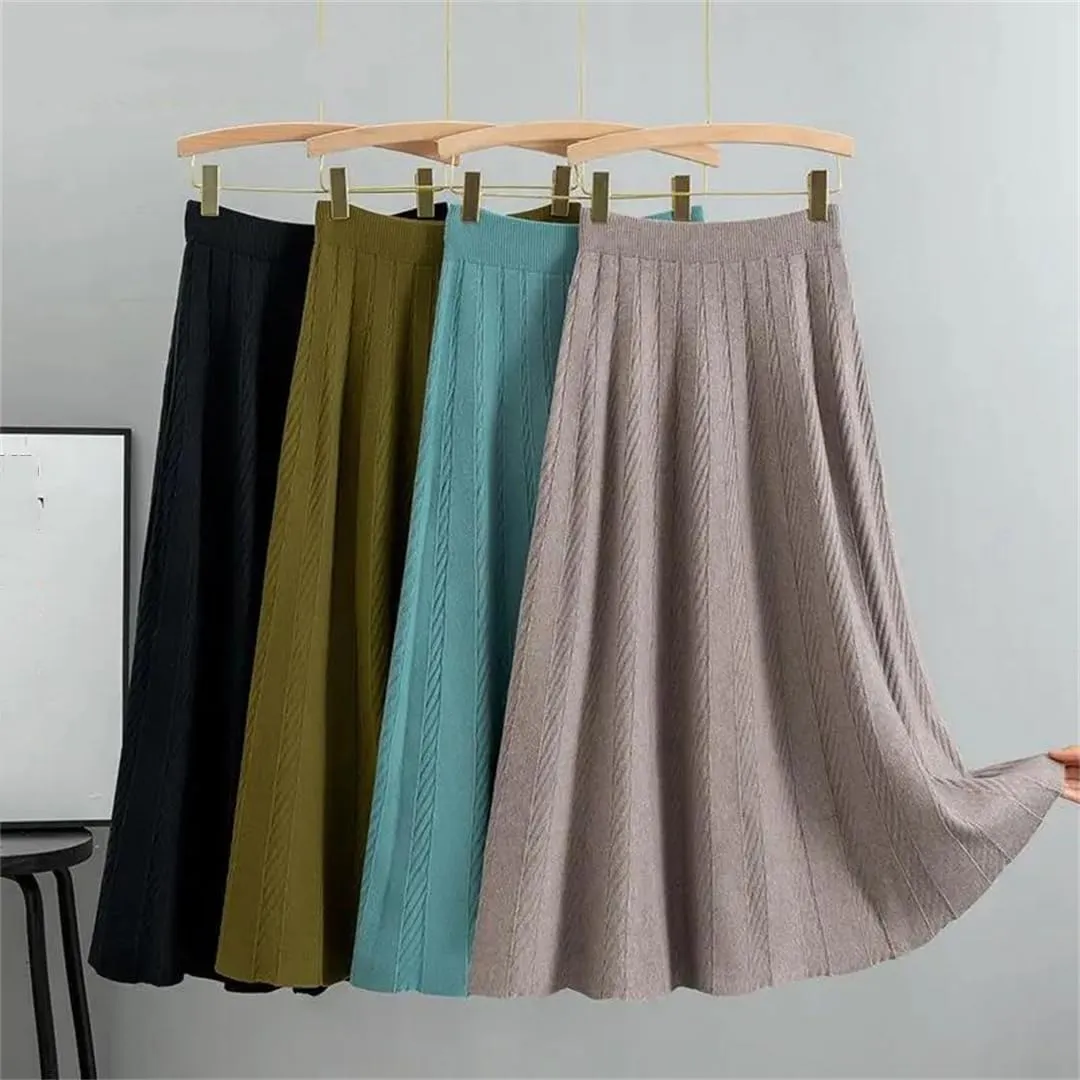 Fjnbbiot Women A Line Knitted Sweater Skirts Elastic High Waist Woman Midi Maxi Skirts Autumn Winter Female Pleated Skirts