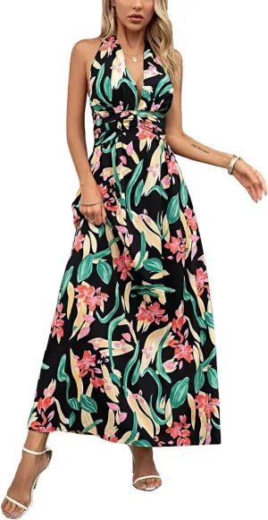 Floral Dress for Women Halter Neck Sleeveless 2025 Summer Sundress Swing Beach Long Maxi Dress Casual Flowy Ladies Outfits