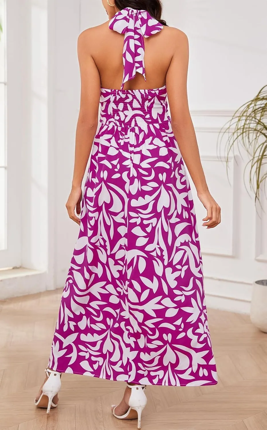 Floral Dress for Women Halter Neck Sleeveless 2025 Summer Sundress Swing Beach Long Maxi Dress Casual Flowy Ladies Outfits