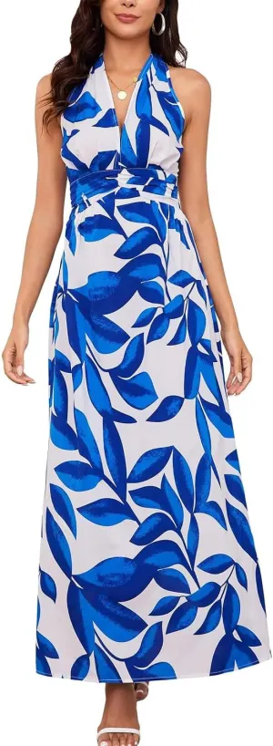 Floral Dress for Women Halter Neck Sleeveless 2025 Summer Sundress Swing Beach Long Maxi Dress Casual Flowy Ladies Outfits
