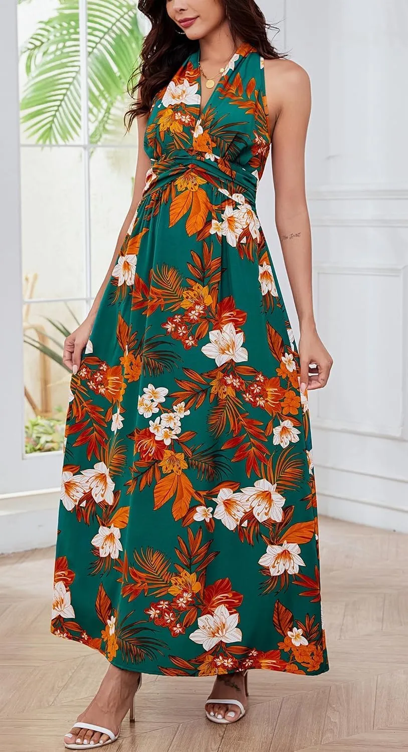 Floral Dress for Women Halter Neck Sleeveless 2025 Summer Sundress Swing Beach Long Maxi Dress Casual Flowy Ladies Outfits